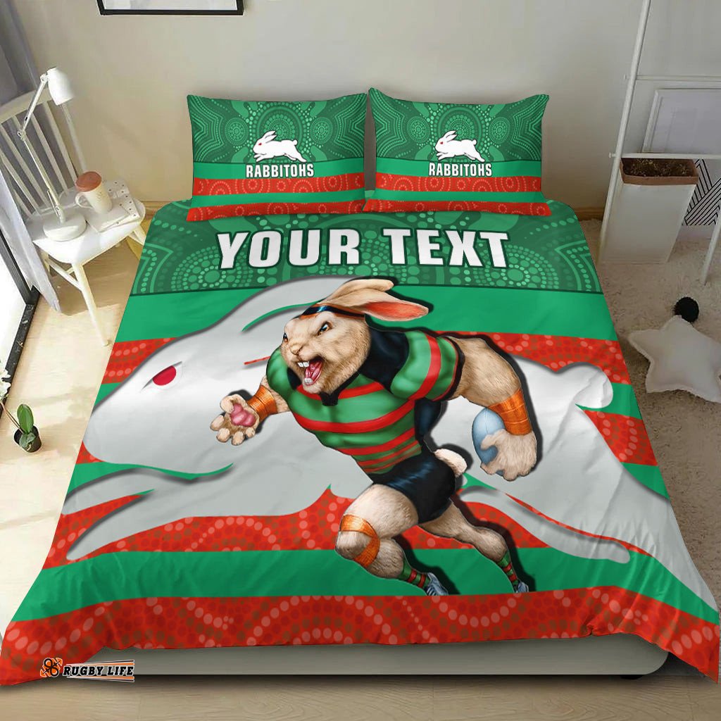 Custom Personalised Rabbitohs Rugby Bedding Set Aboriginal Dot Painting Glory Glory Sporty Style