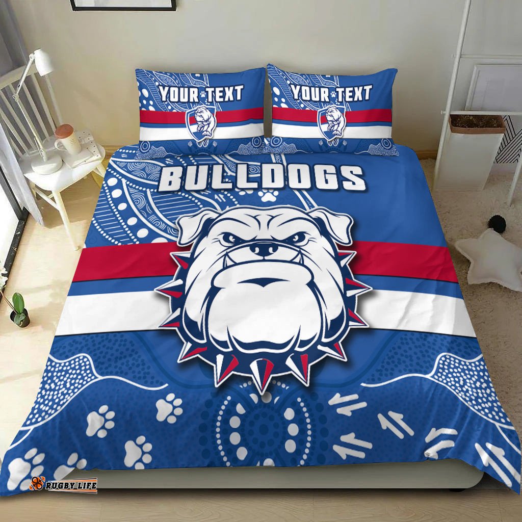 Custom Personalised Bulldogs Football Bedding Set Scraggers 1877 Aboriginal Dot Painting Newest Version