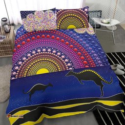 Aboriginal Bedding Set - Sunset Over The Sea And Kangaroo Dot Painting