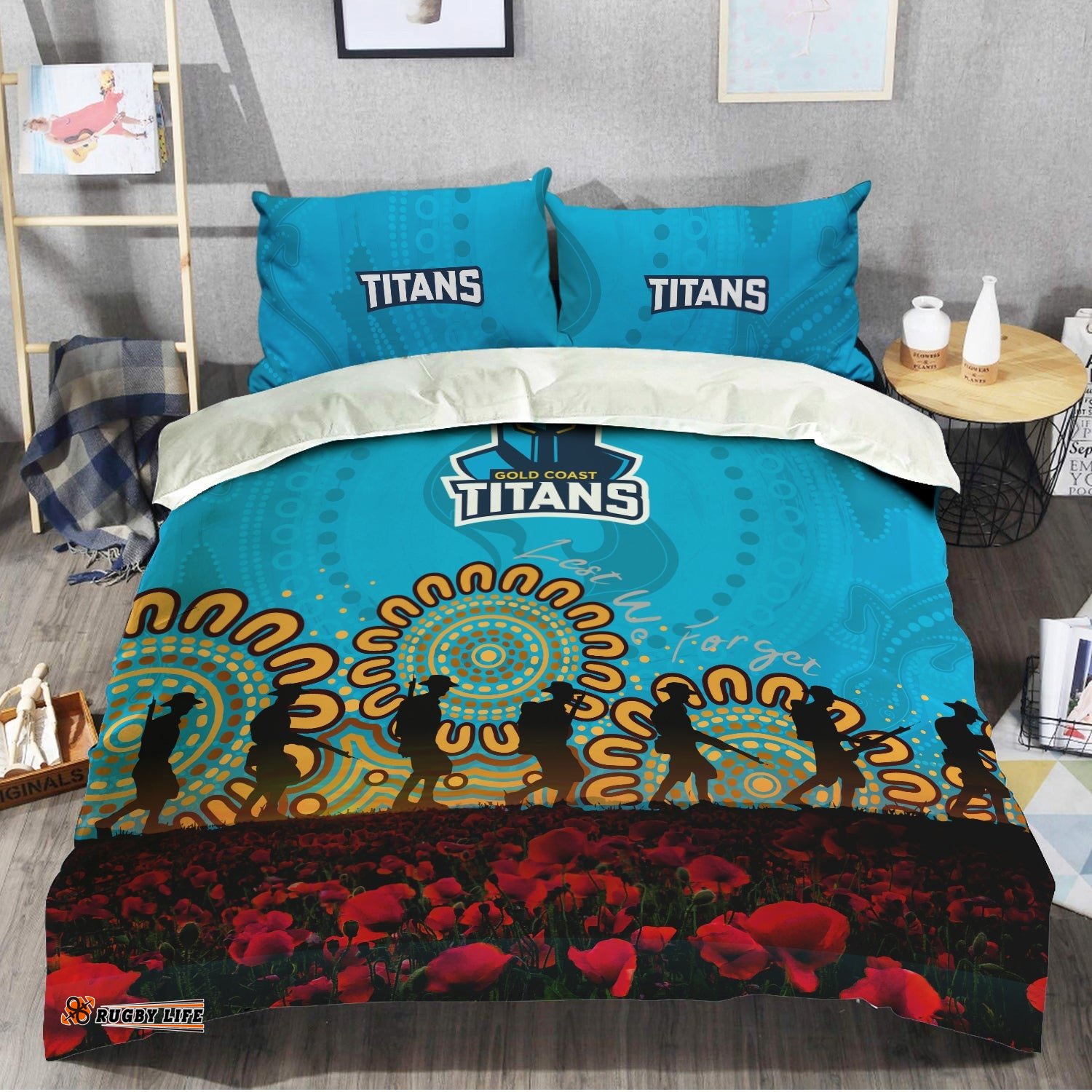 Gold Coast Titans Bedding Set Aboriginal Rugby Anzac Day Poppy With Soldiers- NRL