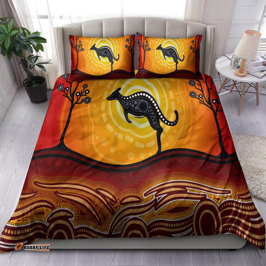 Australia Indigenous Bedding Set - Aboriginal inspired art dot painting with kangaroo