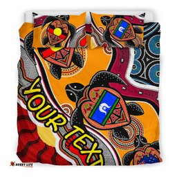 Custom Aboriginal Bedding Set - Indigenous Dots Pattern With Turtle and NAIDOC Flags