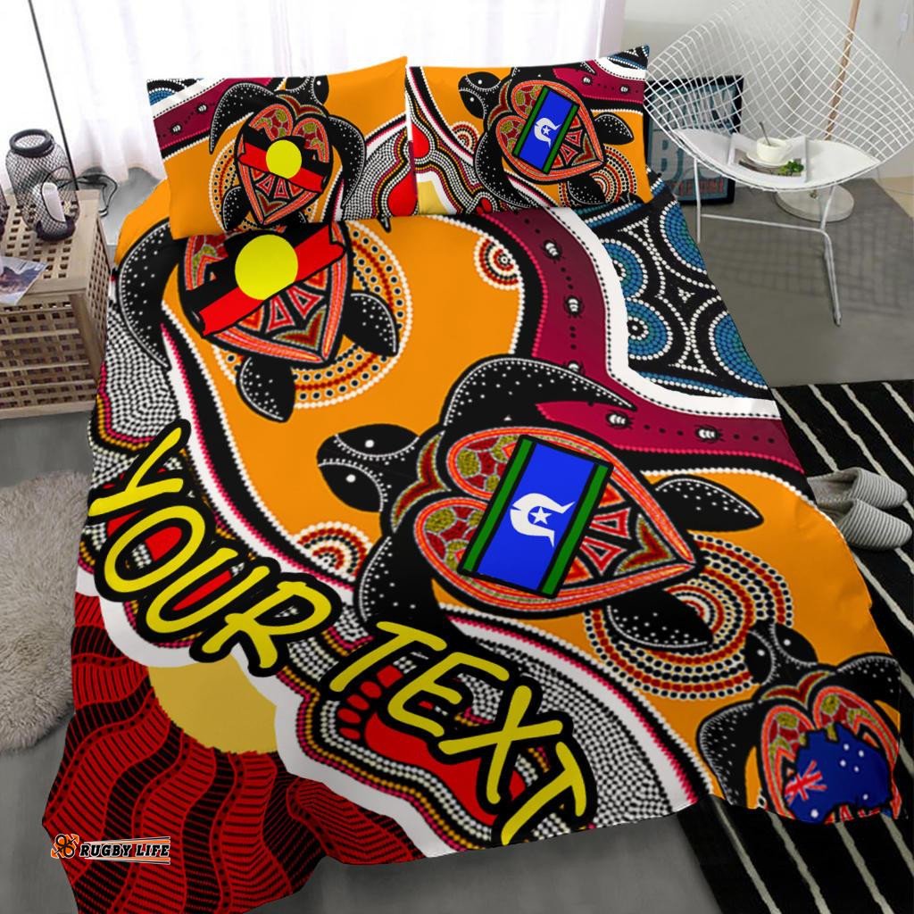 Custom Aboriginal Bedding Set - Indigenous Dots Pattern With Turtle and NAIDOC Flags