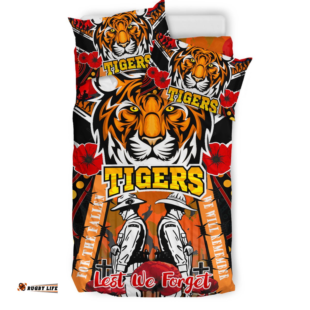 Tigers Rugby Anzac Day Watercolour Bedding Set - Custom Remembrance West Tigers With Poppy Flower RLT13