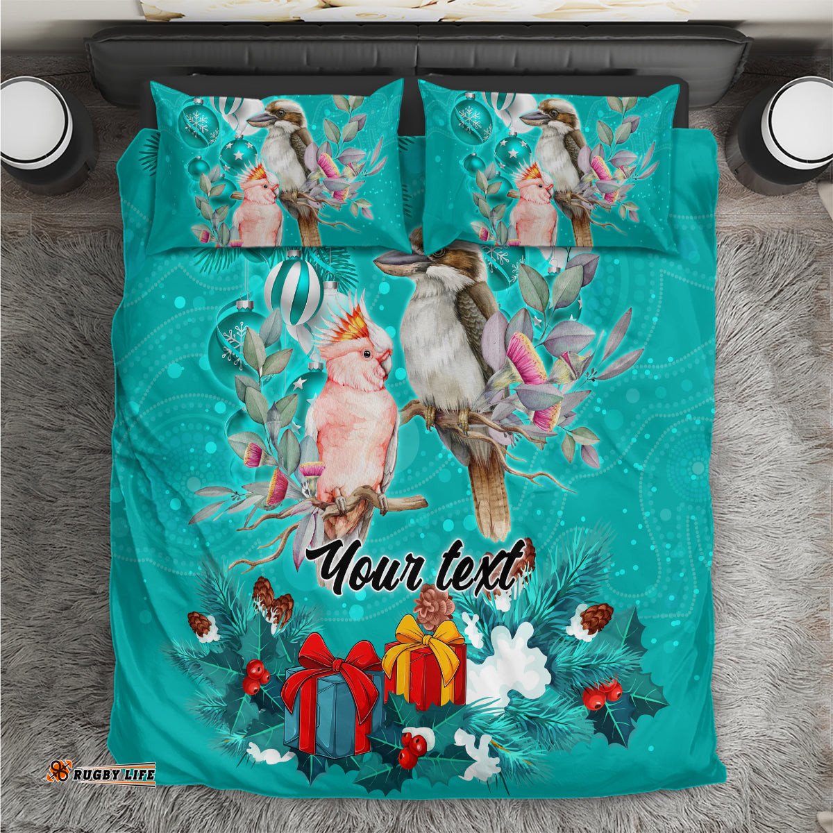 Personalised Kookaburra and Cockatoo Bedding Set Australia Merry Christmas Aboriginal Teal Style