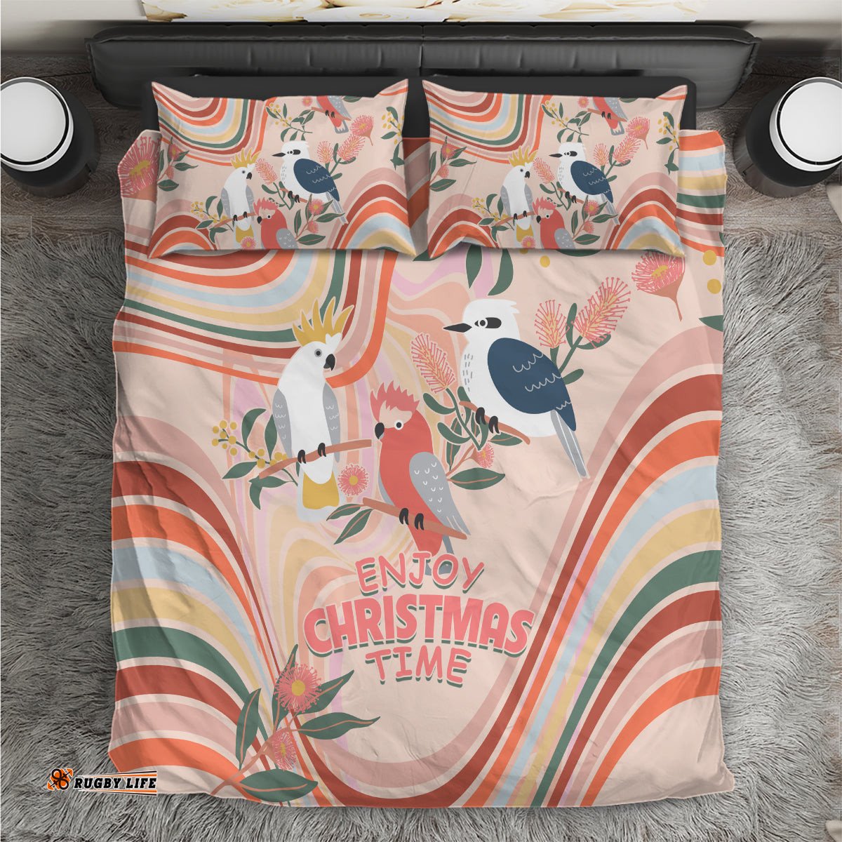 Australia Hippie Christmas Bedding Set Cockatoo Kookaburra with Wattle Pink Peach Style