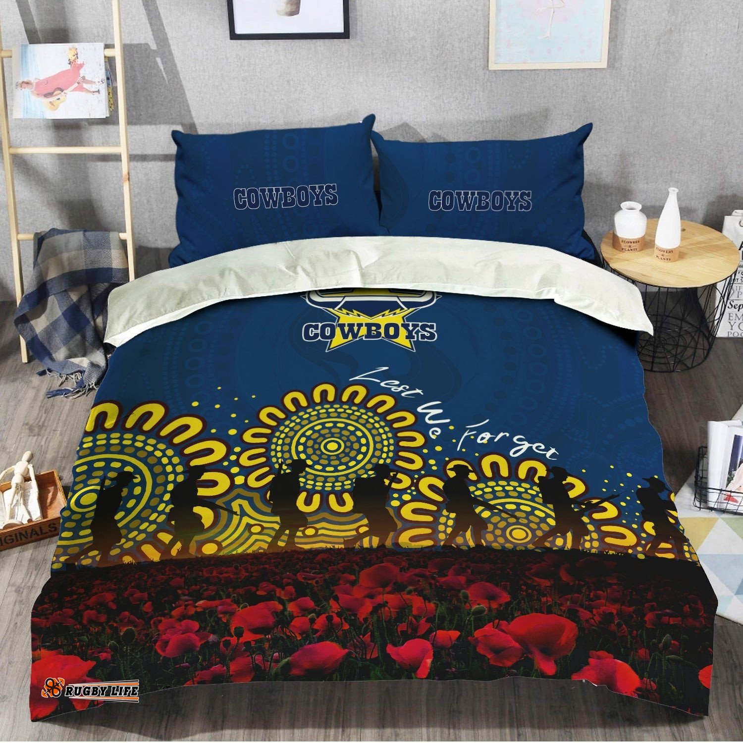 North Queensland Cowboys Bedding Set Aboriginal Rugby Anzac Day Poppy With Soldiers- NRL