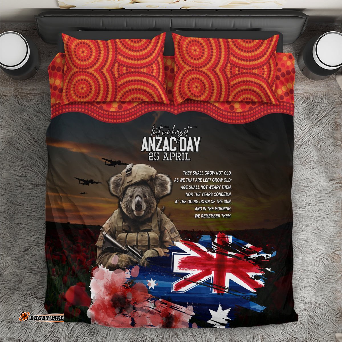 Australia ANZAC Day Bedding Set Koala and Kangaroo Red Poppy Flower Field Aboriginal Pattern