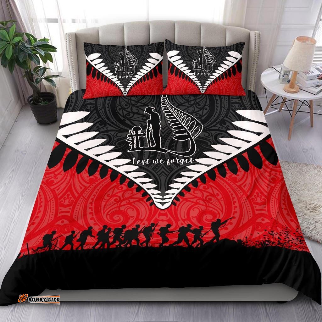 New Zealand Anzac Bedding Set, Lest We Forget Silver Fern Duvet Cover And Pillow Case Red