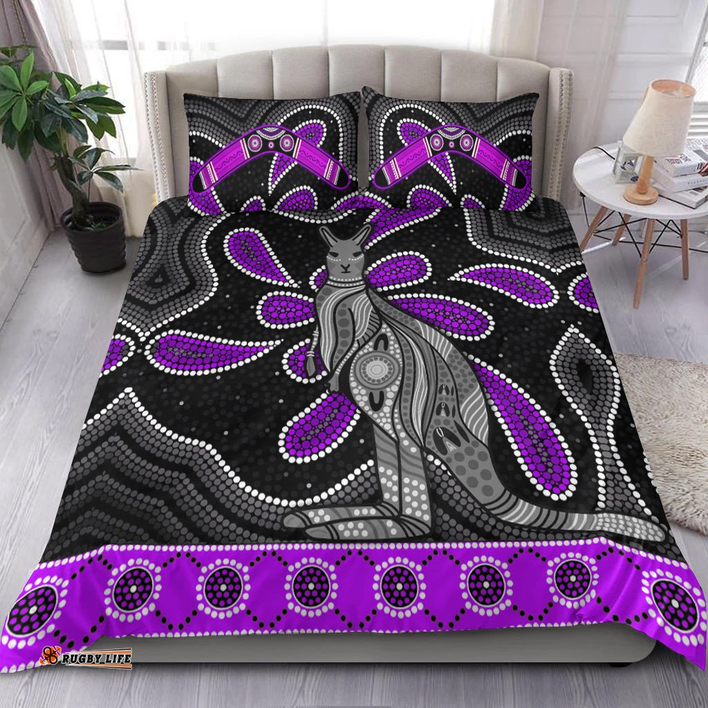 Aboriginal Boomerang Bedding Set Kangaroo Australia Purple