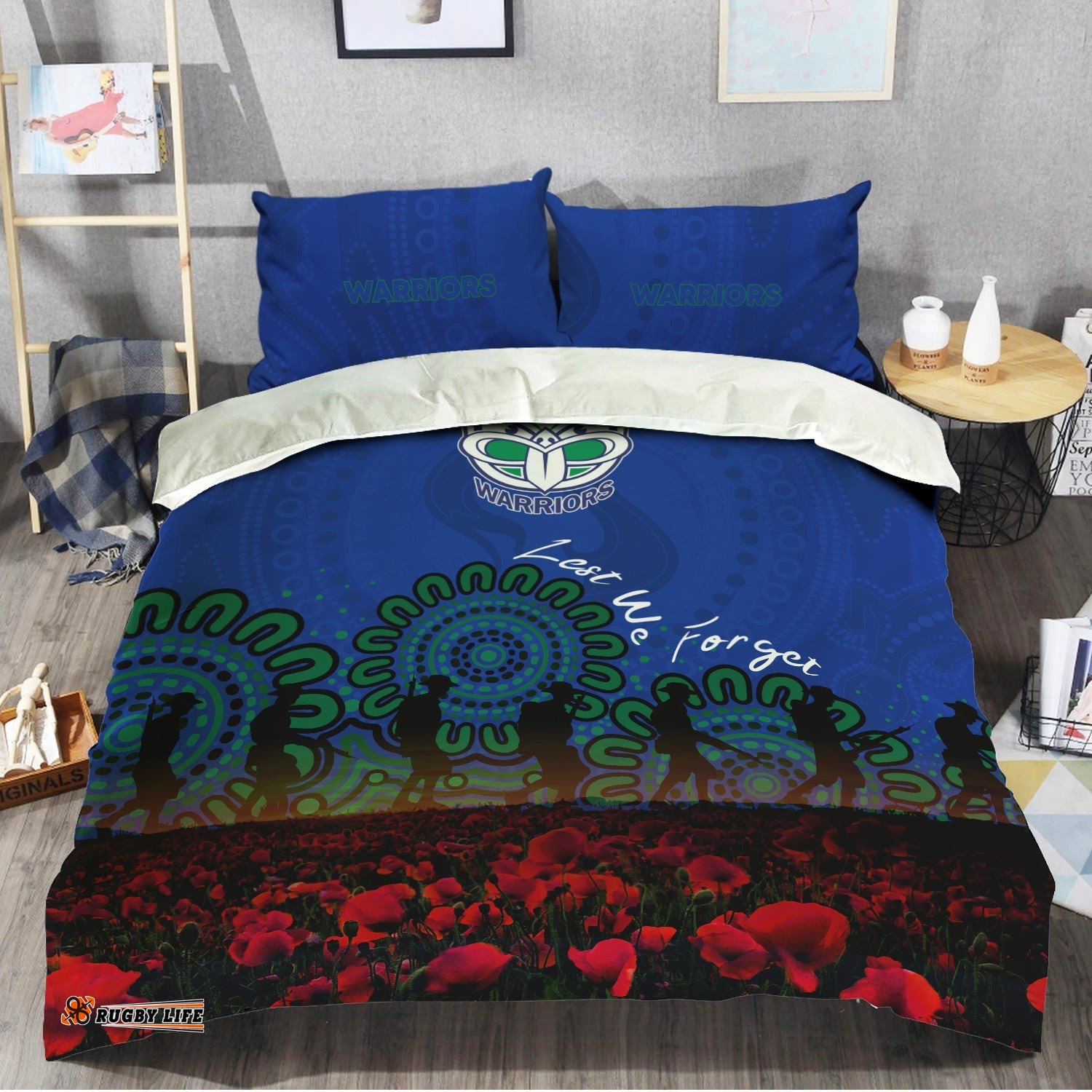 New Zealand Warriors Bedding Set Aboriginal Rugby Anzac Day Poppy With Soldiers- NRL