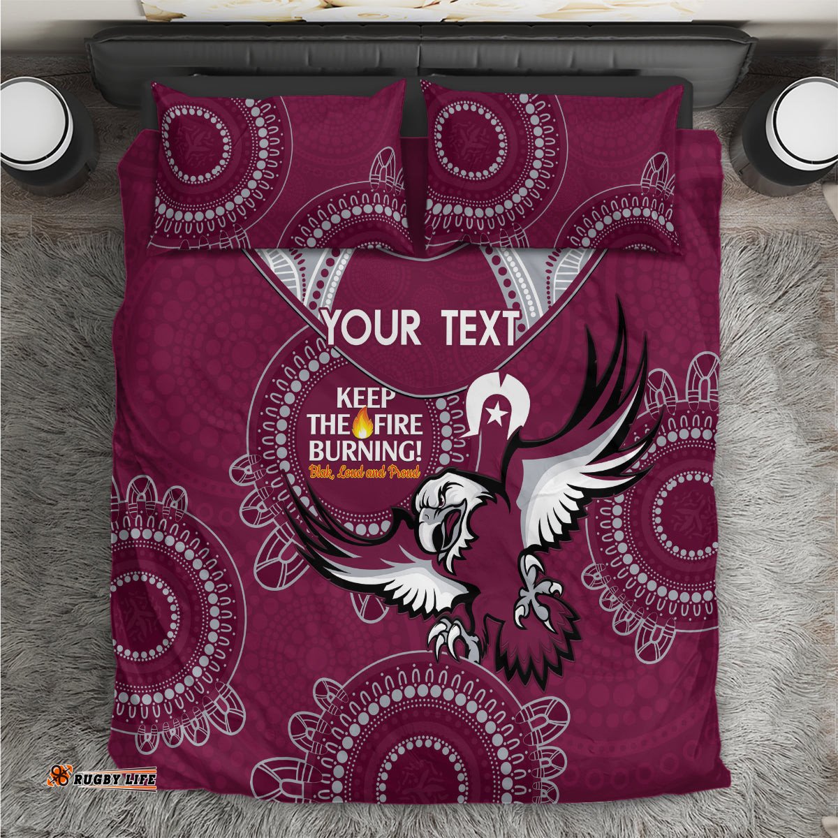 Custom NRL Sea Eagles NAIDOC Week Bedding Set Keep The Fire Burning Indigenous Art