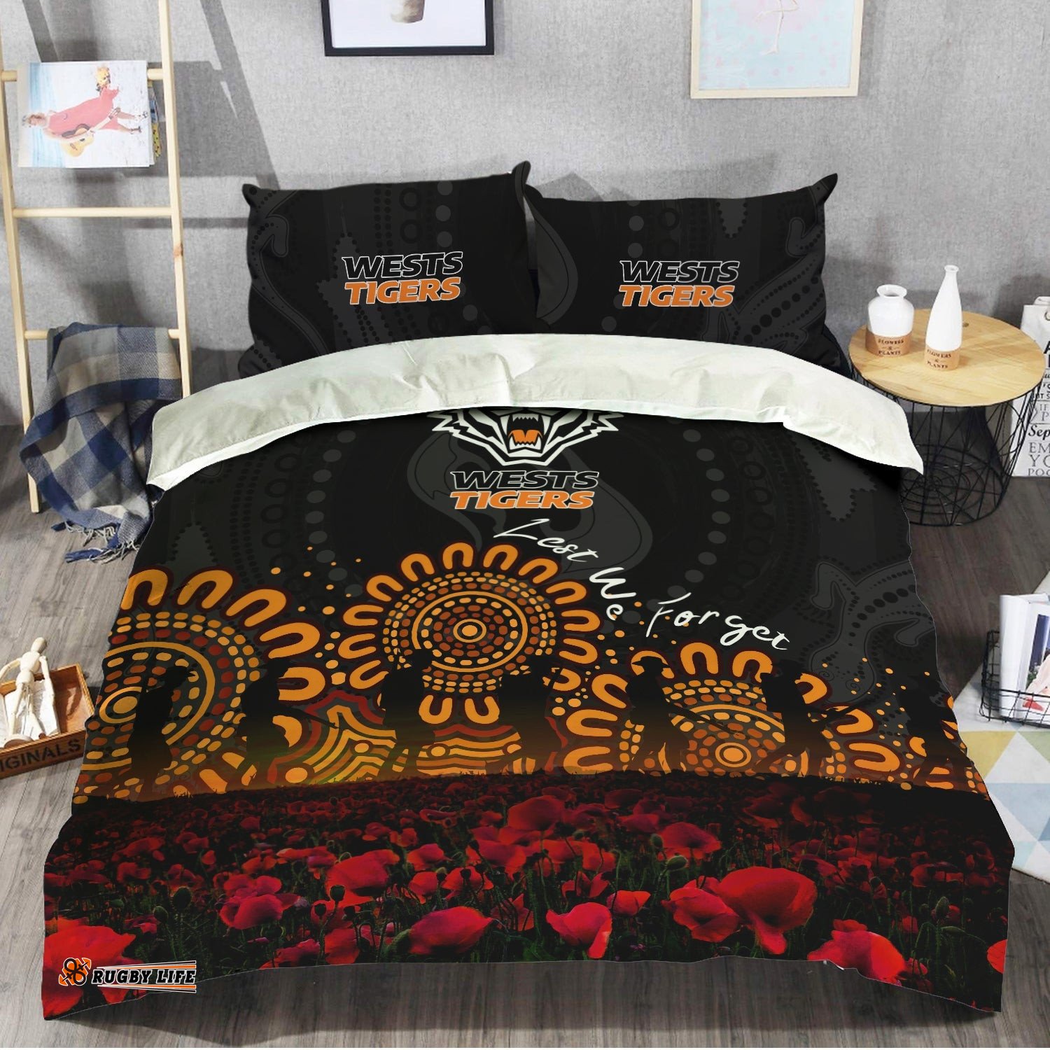 Wests Tigers Bedding Set Aboriginal Rugby Anzac Day Poppy With Soldiers- NRL