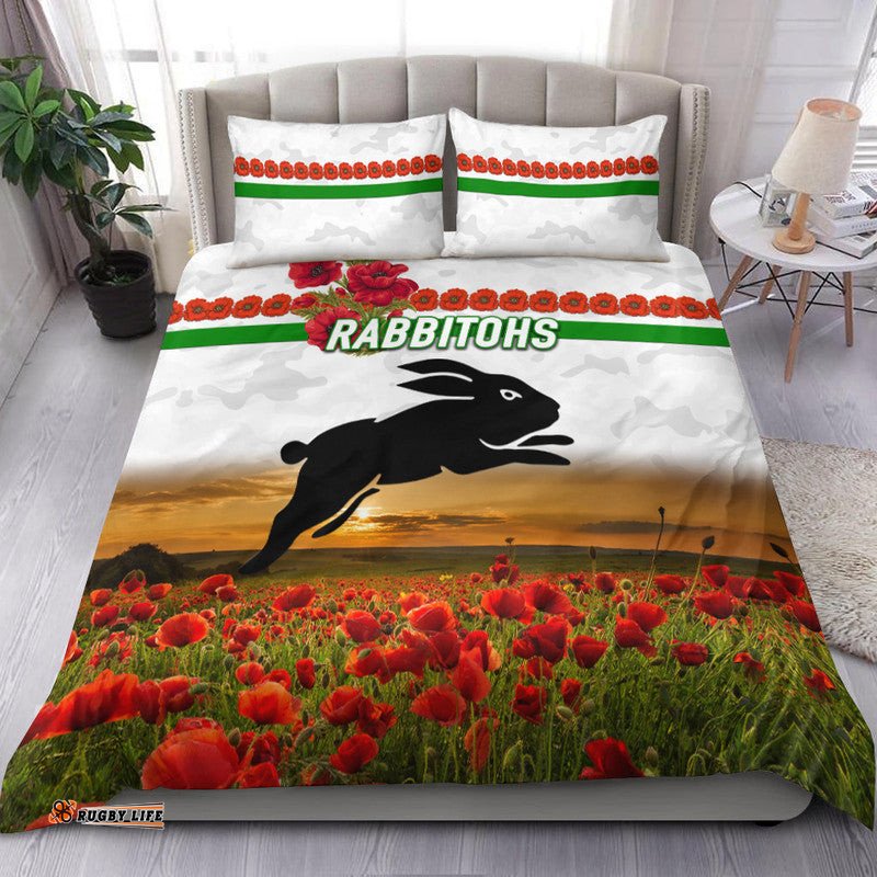 South Sydney Rabbitohs ANZAC 2022 Bedding Set Poppy Flowers Vibes White