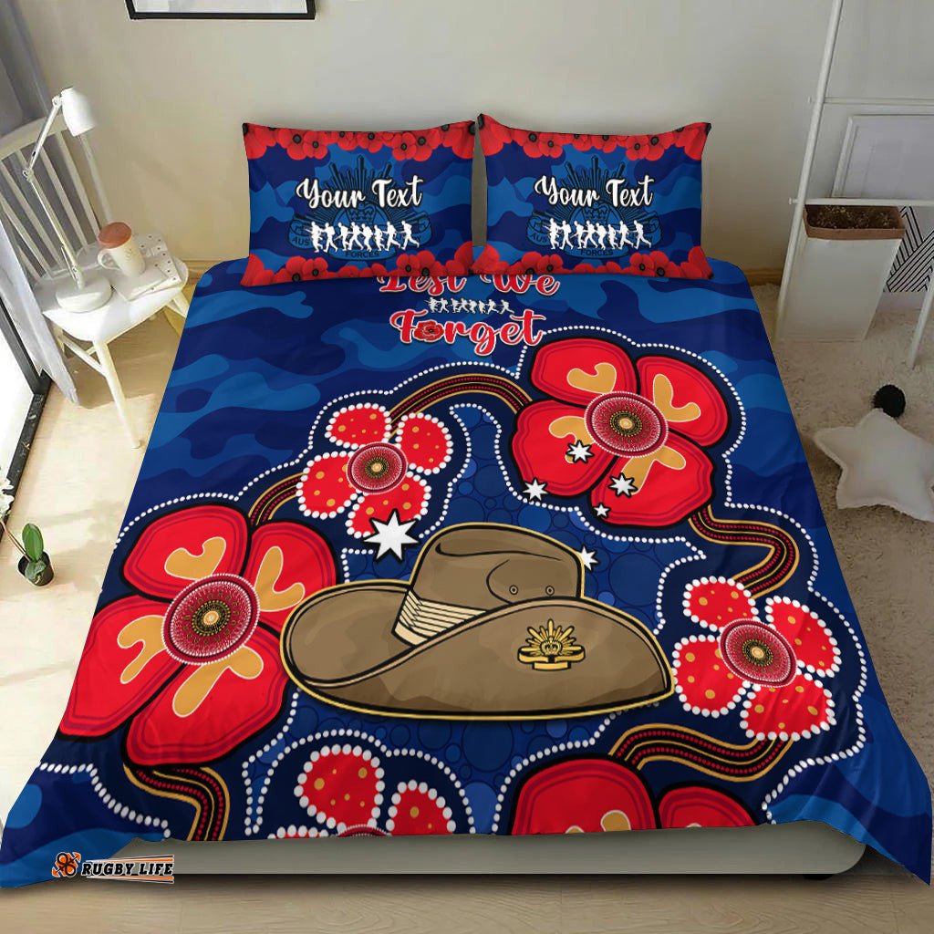 Custom Personalised Australia ANZAC Bedding Set Lest We Forget Camouflage Mix Aboriginal Poppies And Slouch Hat
