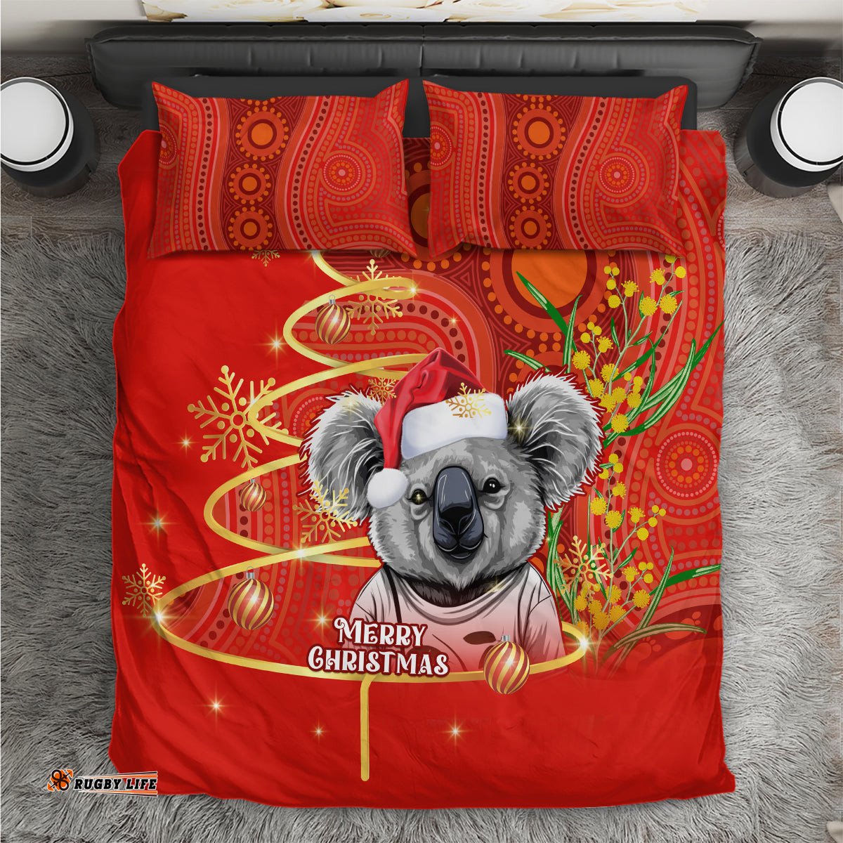 Personalised Australia Koala Christmas Bedding Set Aboriginal Art With Golden Wattle
