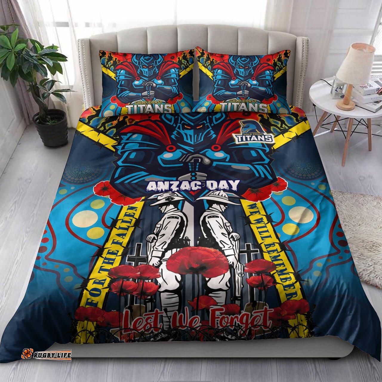Titans Aboriginal Rugby Anzac Day Custom Watercolour Bedding Set - Remembrance Indigenous Titans With Poppy Flower