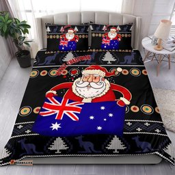 Christmas Bedding Set - Australia Santa Claus Hold The Flag Black