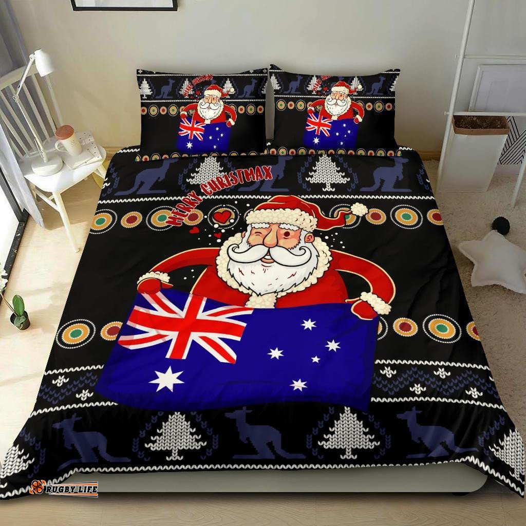 Christmas Bedding Set - Australia Santa Claus Hold The Flag Black