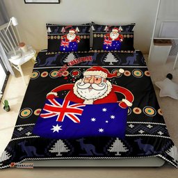 Christmas Bedding Set - Australia Santa Claus Hold The Flag Black