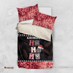 New Zealand Tiki Christmas Bedding Set Ho Ho Ho Paua Shell Glitter Red