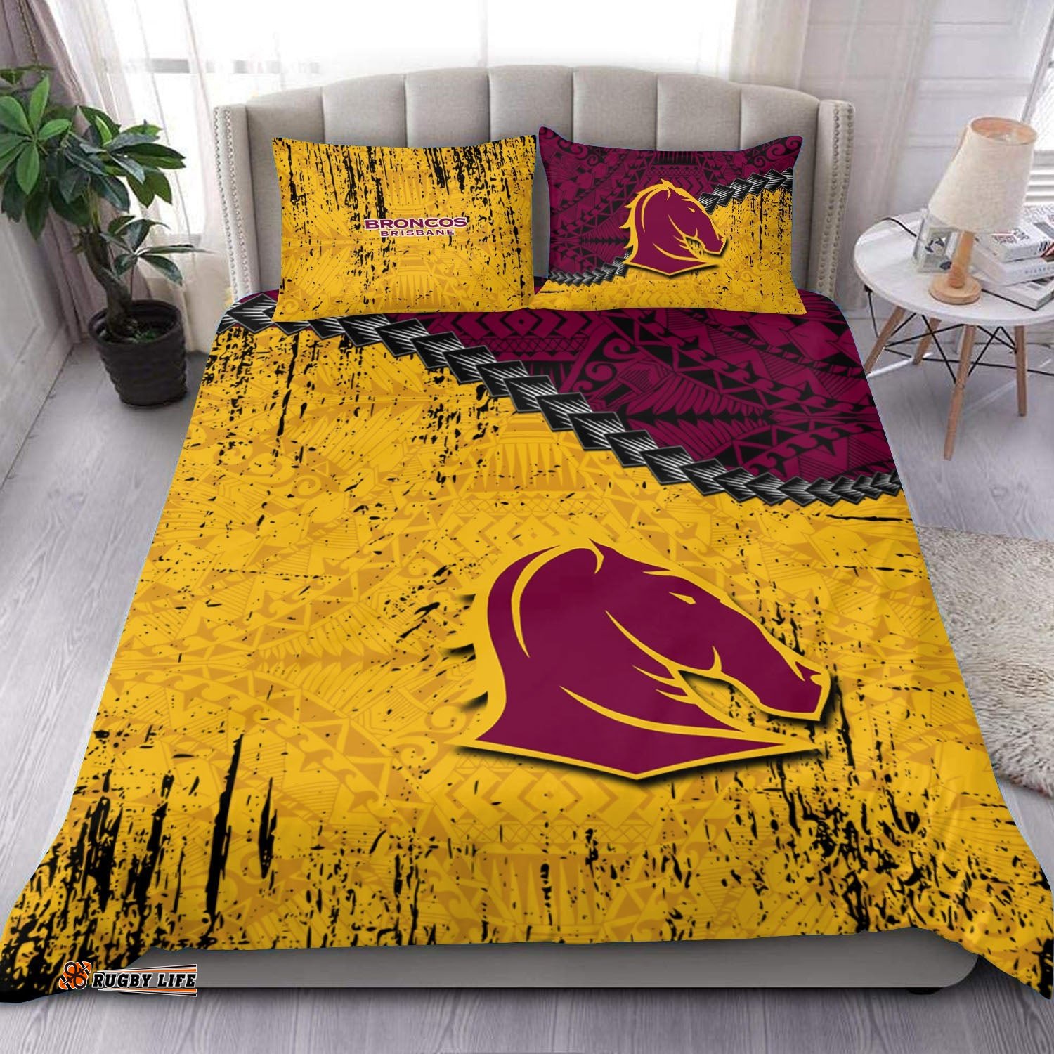 Brisbane Broncos Bedding Set Grunge Polynesian Tattoo - NRL