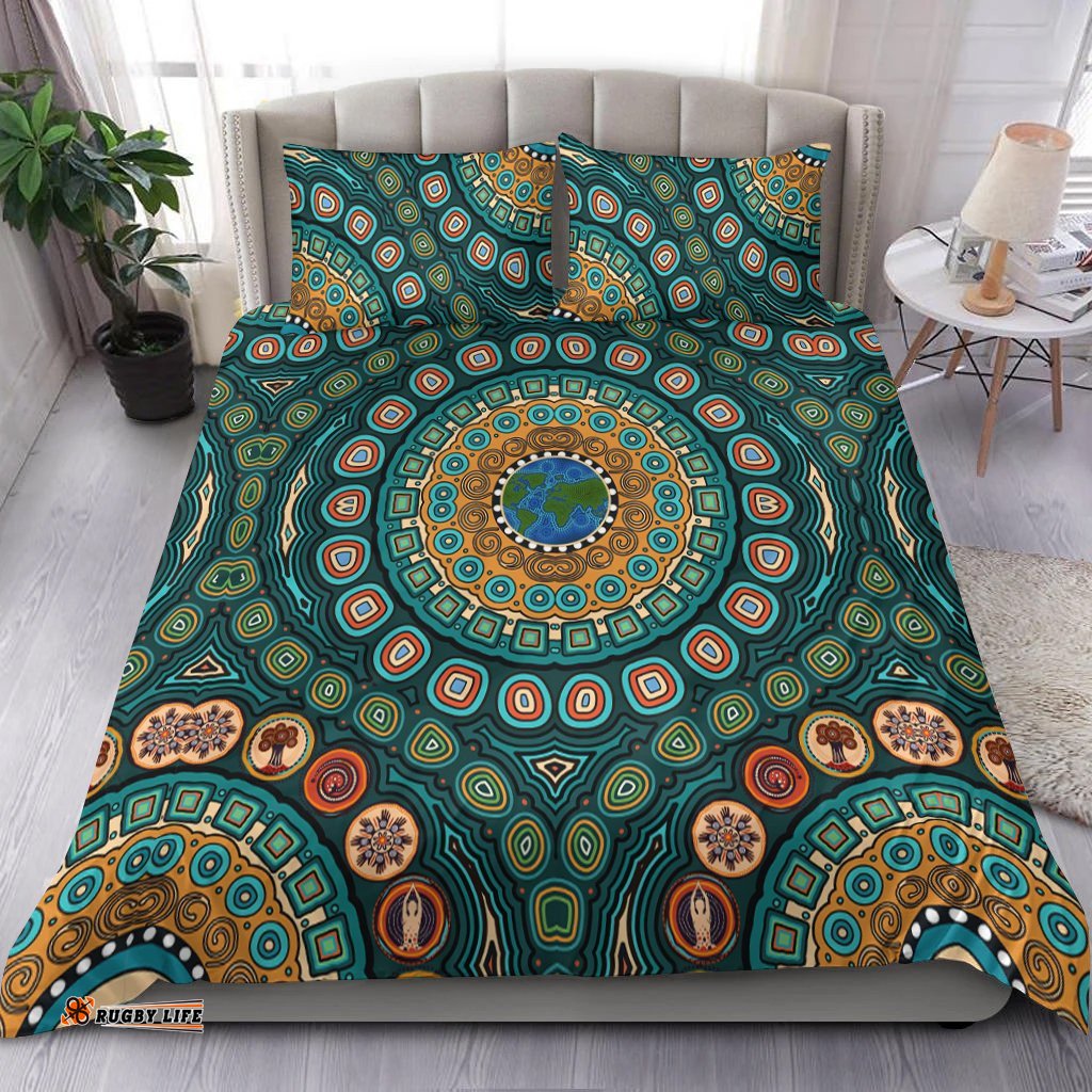 Bedding Set - Aboriginal Green Dot Painting With Earth