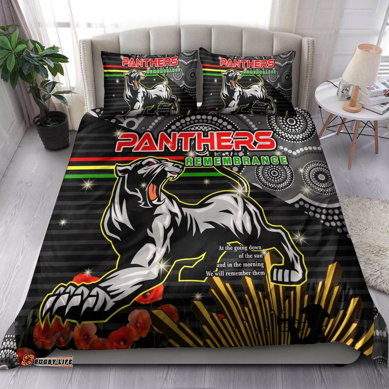 Panthers Rugby Anzac Aboriginal Bedding Set - Penrith Panthers with Poppy Flower Art Bedding Set