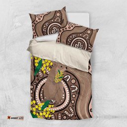 Australia Cute Quokka Bedding Set Indigenous Art With Golden Wattle