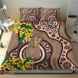 Australia Cute Quokka Bedding Set Indigenous Art With Golden Wattle