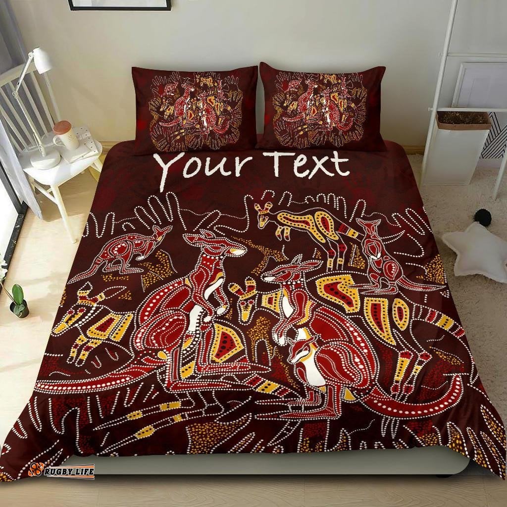 Custom Aboriginal Bedding Set - Kangaroo family with Hand Art