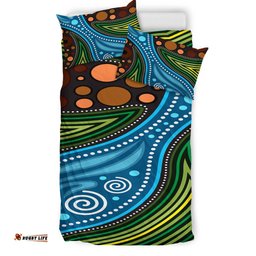 Australia Indigenous Bedding Set - Aboriginal Inspired Landscape Illustration of forest, river and land