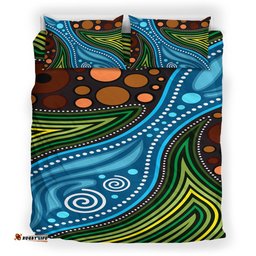 Australia Indigenous Bedding Set - Aboriginal Inspired Landscape Illustration of forest, river and land