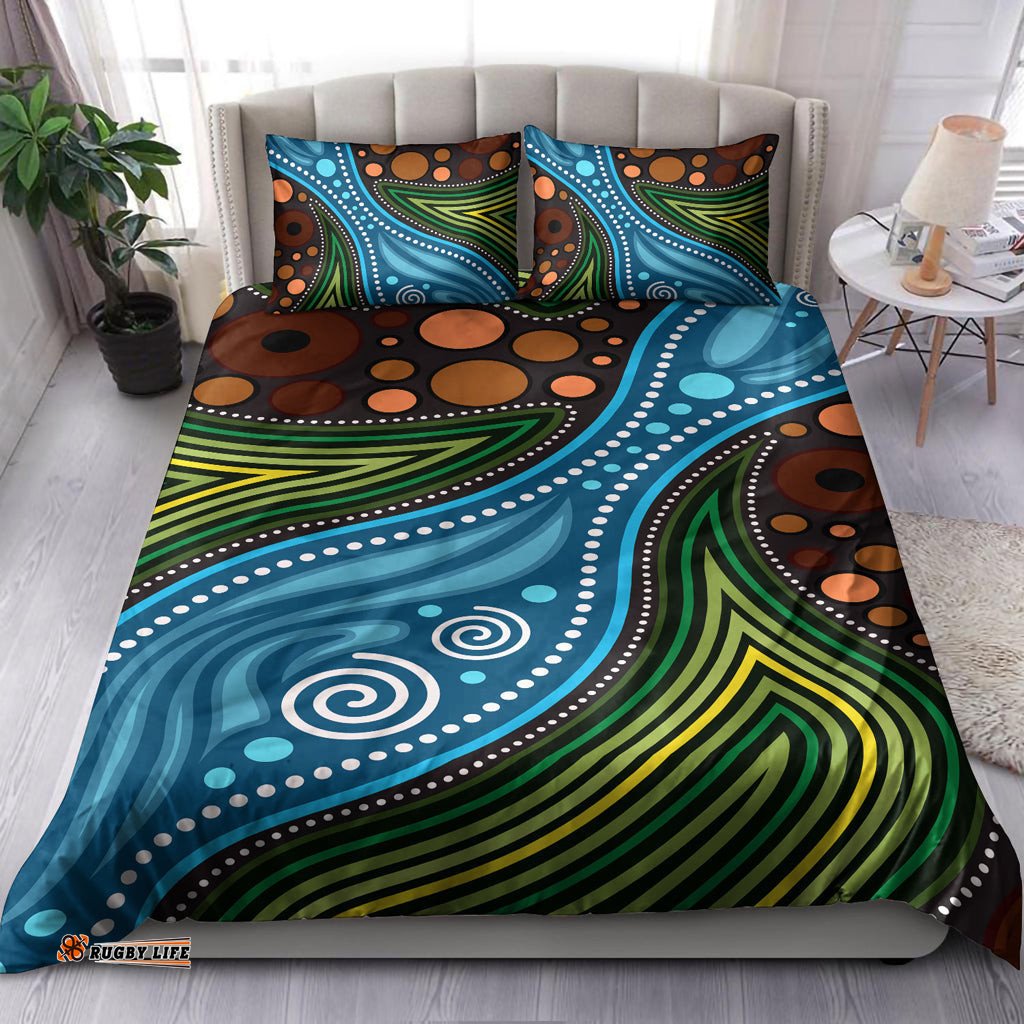Australia Indigenous Bedding Set - Aboriginal Inspired Landscape Illustration of forest, river and land