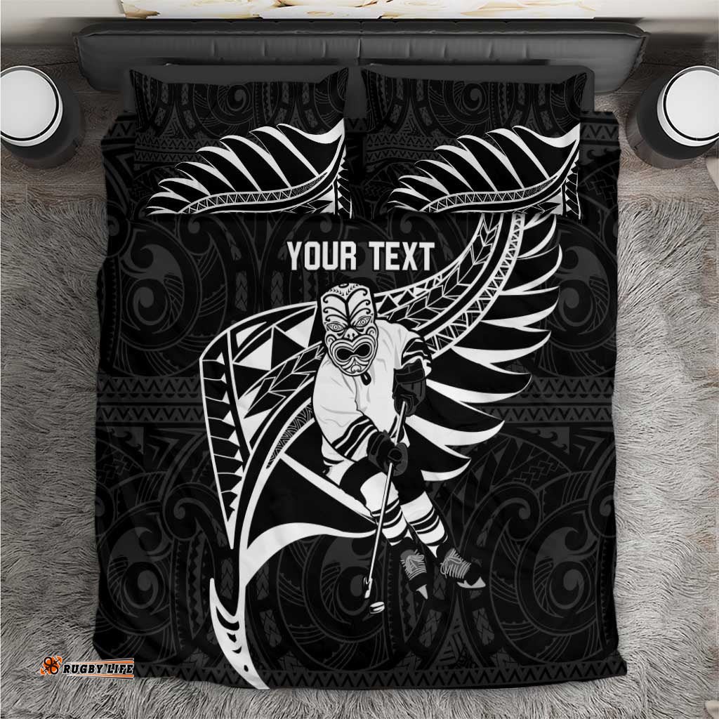 Custom Aotearoa Ice Hockey Bedding Set NZ Tiki Mascot Maori Pattern