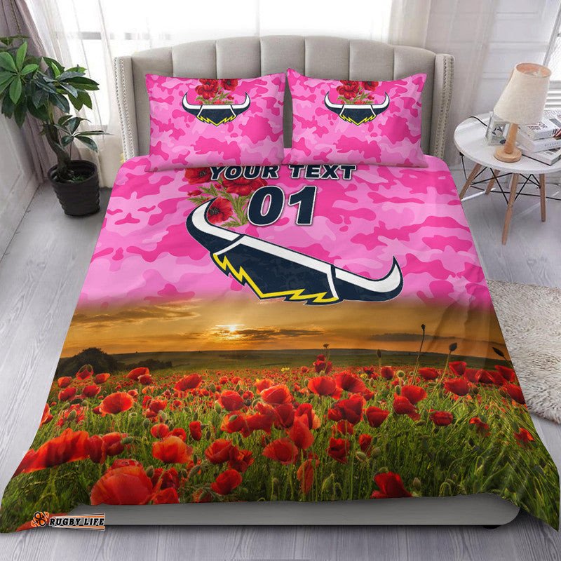 Custom Personalised North Queensland Cowboys ANZAC 2022 Bedding Set Poppy Flowers Vibes Pink