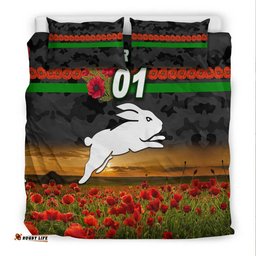 Custom Personalised South Sydney Rabbitohs ANZAC 2022 Bedding Set Poppy Flowers Vibes Black