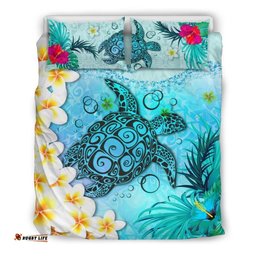 Polynesian Turtle Bedding Set, Plumeria with Hibiscus Duvet Cover And Pillow Case