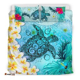 Polynesian Turtle Bedding Set, Plumeria with Hibiscus Duvet Cover And Pillow Case