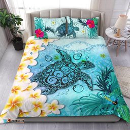 Polynesian Turtle Bedding Set, Plumeria with Hibiscus Duvet Cover And Pillow Case