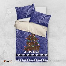 Kiwi New Zealand Christmas Bedding Set Meri Kirihimete Silver Fern Blue Color