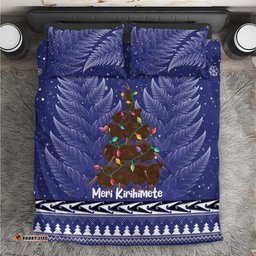 Kiwi New Zealand Christmas Bedding Set Meri Kirihimete Silver Fern Blue Color