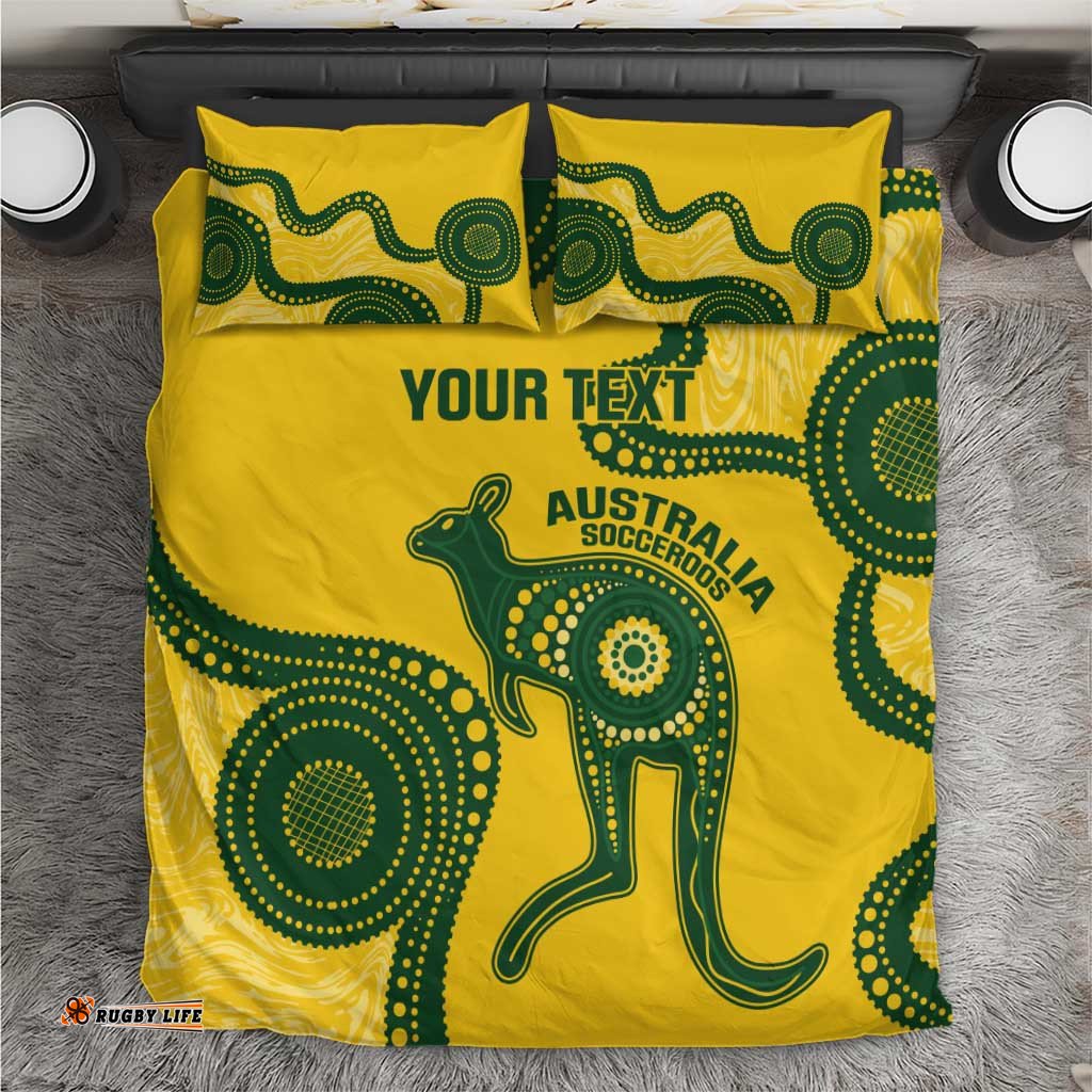 Custom Australia Soccer Bedding Set Go Socceroos Kangaroo With Indigenous Art