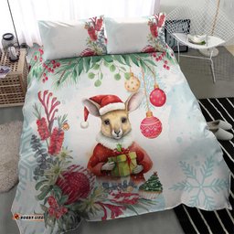 Australia Christmas Bedding Set Kangaroo Santa With Aussie Flower Watercolor