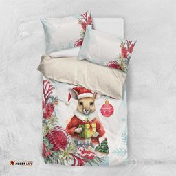 Australia Christmas Bedding Set Kangaroo Santa With Aussie Flower Watercolor