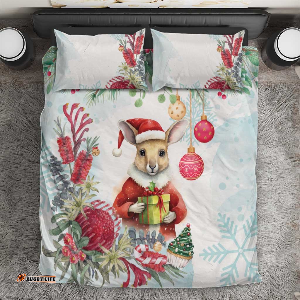 Australia Christmas Bedding Set Kangaroo Santa With Aussie Flower Watercolor
