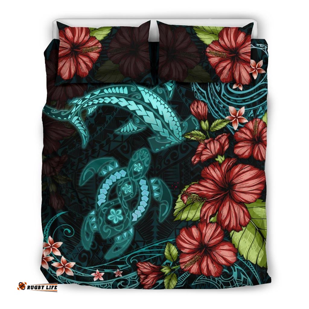 Shark And Turtle Bedding Set Hibiscus Turquoise