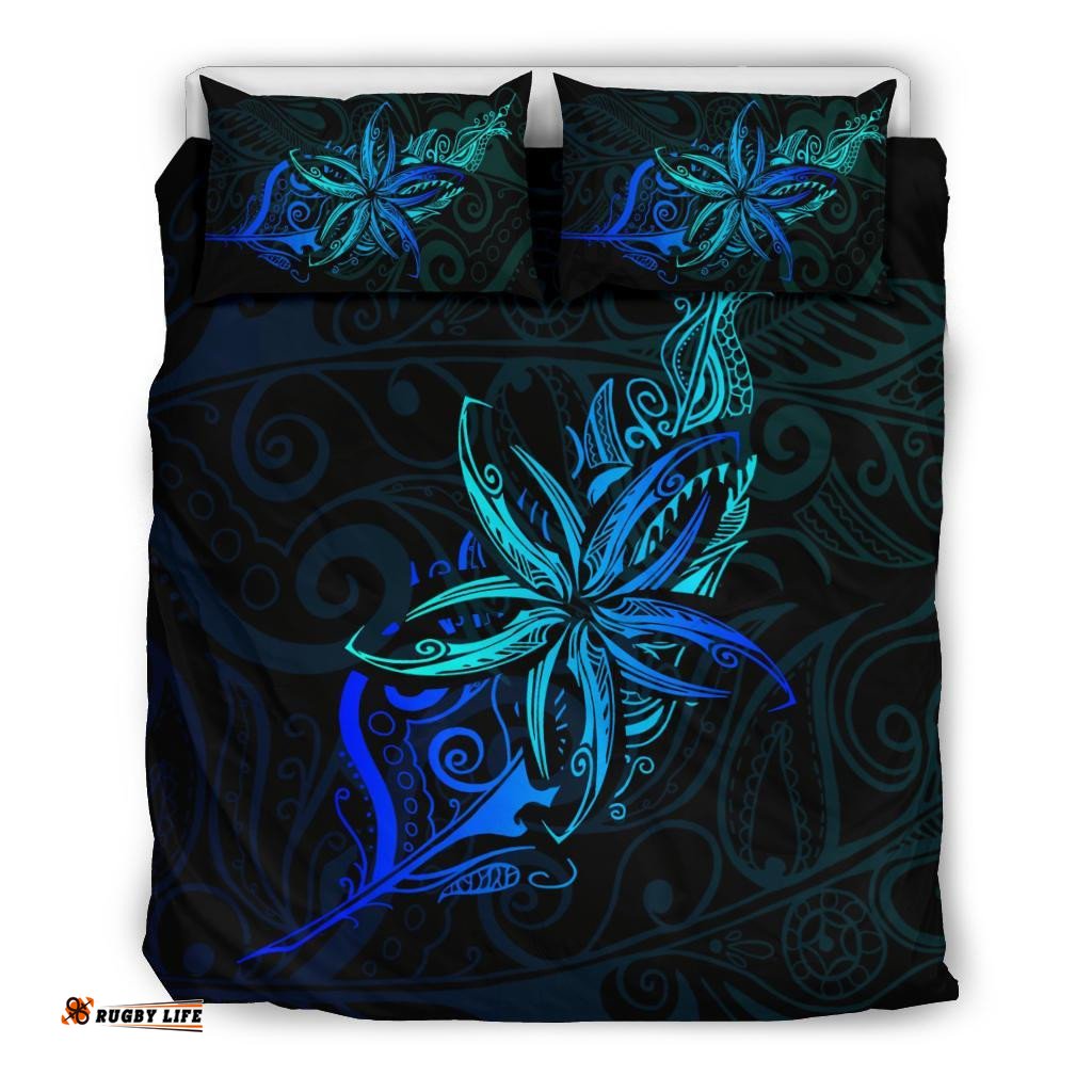 Light Silver Fern New Zealand Bedding Set, Frangipani Tattoo Duvet Covers Blue