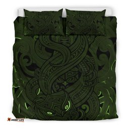 New Zealand Bedding Set, Maori Gods Tumatauenga God Of War Green