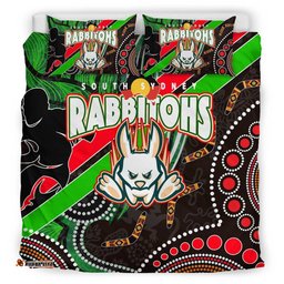 Rabbitohs Rugby Anzac Aboriginal Bedding Set - Rabbitohs Remembrance Day with Poppy Flower Bedding Set